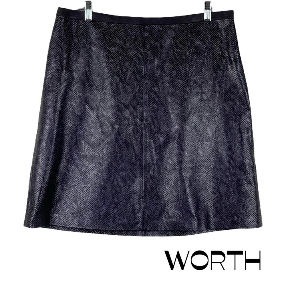 WORTH Eggplant Purple Pure Embossed Leather Skirt NWOT Size 14 Luxury Designer